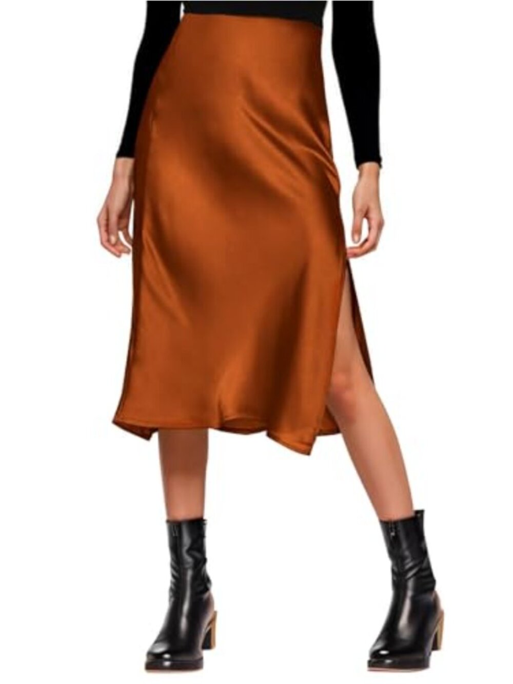 Satin High Waist Slit Midi Skirt Silky Long Women's Pull On Side Split